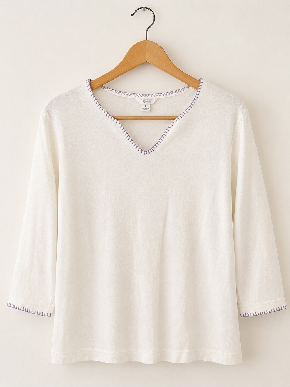 100% Cotton Christopher & Banks Lavender Blanket Stitch Neck Ivory 3/4 Sleeve